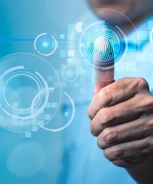 Businessman using fingerprint identification to access and protecting personal information data